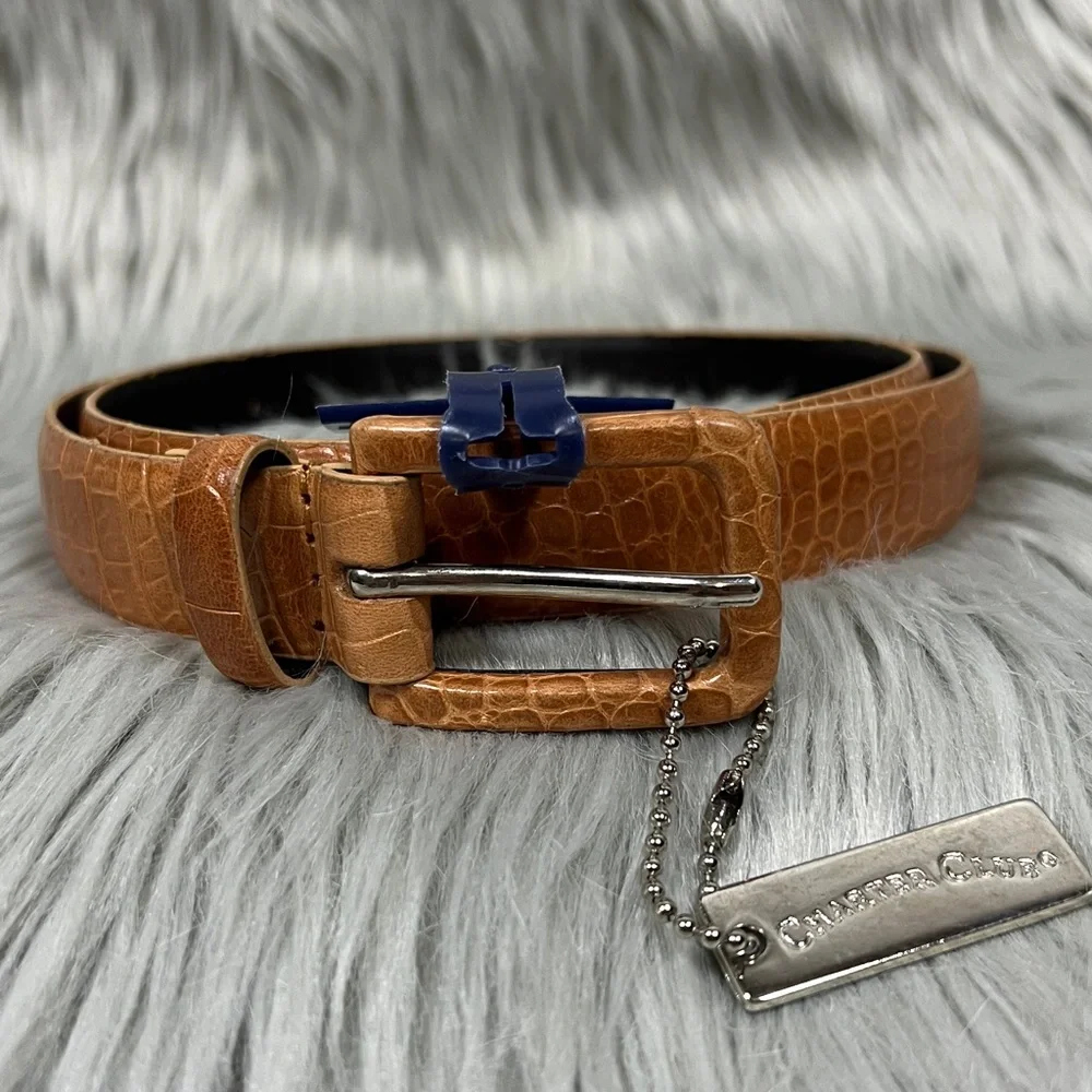 NWT Charter Club Embossed Tan Italian Leather Belt w/ Silver Accents Minimalist
